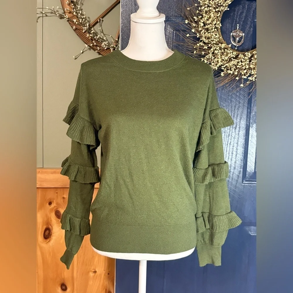 J. Crew Ruffle Sleeve Wool Blend Sweater in Olive Green size XS